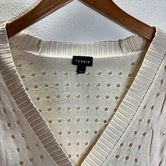 Torrid 1X Ivory Open Knit Button Front Cardigan 100% Cotton Cozy Sweater - Picture 2 of 6